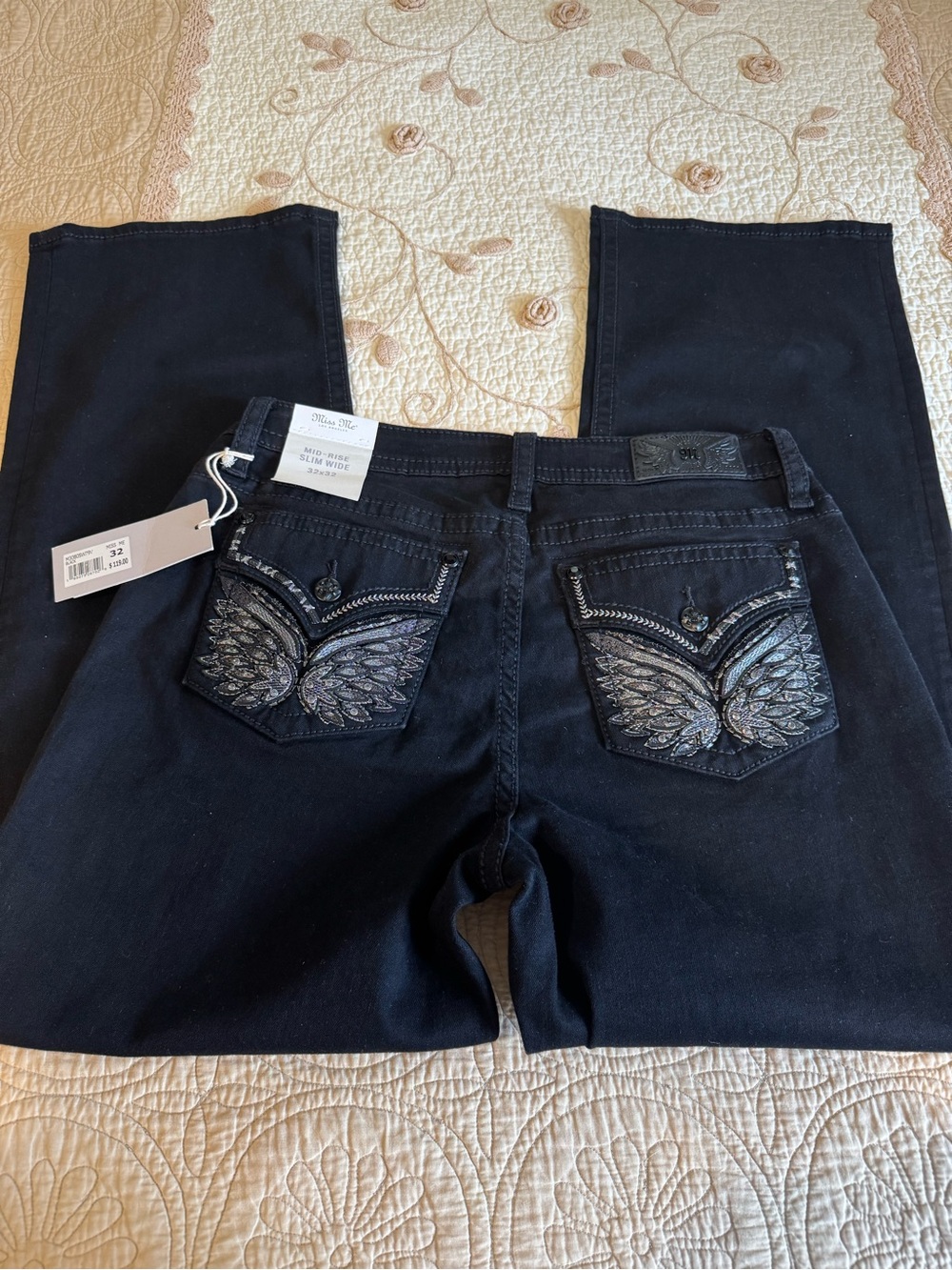 New Miss Me Black Jeans Women's Size 32x32 Mid Rise Slim Wide Angel Wing Pocket